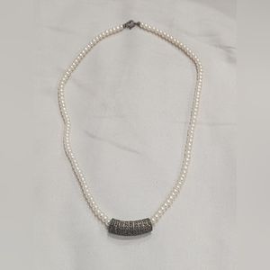 Romantic pearl and marcasite drop necklace. Vintage antique jewelry.